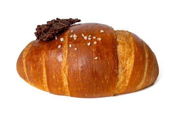 High-resolution photograph of a chocolate croissant isolate on white, taken with a high-resolution 45MP camera