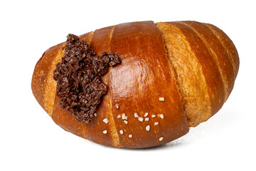 High-resolution photograph of a chocolate croissant isolate on white, taken with a high-resolution 45MP camera