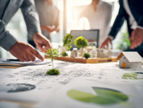Team of architects collaborating on sustainable urban planning with eco-friendly miniature trees and housing models on blueprint tables in bright office setting