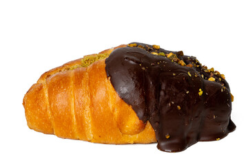 High-resolution photograph of a chocolate croissant isolate on white, taken with a high-resolution 45MP camera