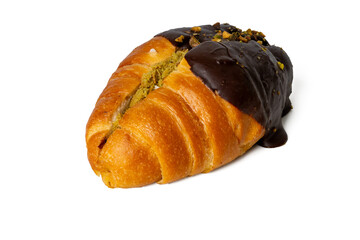 High-resolution photograph of a chocolate croissant isolate on white, taken with a high-resolution 45MP camera