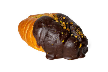 High-resolution photograph of a chocolate croissant isolate on white, taken with a high-resolution 45MP camera