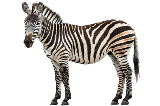 A striking zebra standing gracefully, isolate on white background, showcasing its unique stripes. PNG