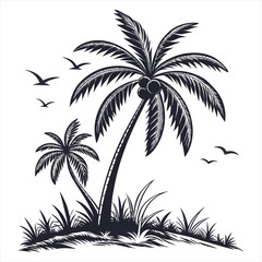 Tropical Palm Tree Silhouette Vector Illustration on Island