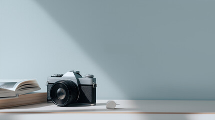Vintage camera and open book on a table against a light blue wall