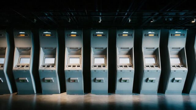 A series of ATM machines in a modern financial environment, capturing both human interaction with technology and the seamless experience of banking in an urban setting.