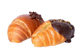 High-resolution photograph of a chocolate croissant isolate on white, taken with a high-resolution 45MP camera