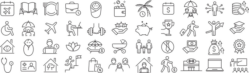 ベクターでモノクロの福利厚生に関する線画アイコンセット
