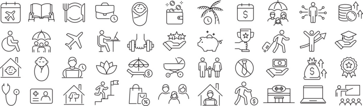 ベクターでモノクロの福利厚生に関する線画アイコンセット
