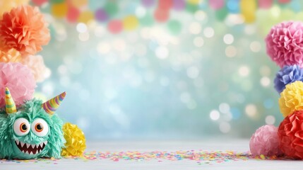 Naklejka premium Colorful paper monsters with bright features spread joy among cheerful confetti in a vibrant party atmosphere set against an indigo backdrop