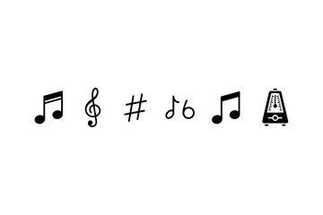 Set of music notes and symbols. Treble clef, sharp, flat, and metronome icons. Vector for music theory, rhythm, tempo, melody, and harmony. Musical notation elements.