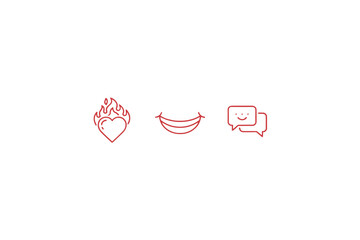 Minimalist vector icon set. Positive emotion symbols. Line art flaming heart for passion and love. Smile for happiness. Chat bubble for communication and social media feedback.