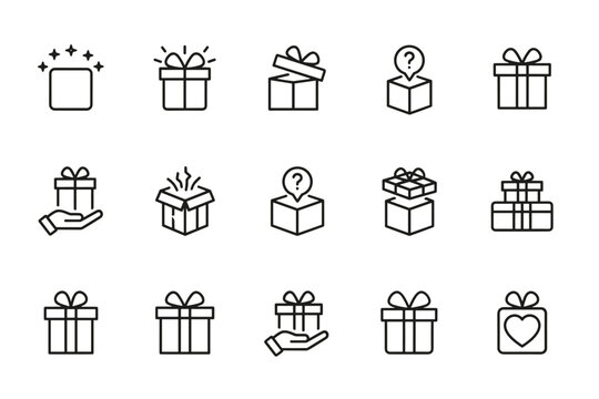 Gift box icon set vector line style, minimalistic present icons, open gift boxes, question mark mystery box, hand holding gift, heart symbol, celebration, stacked gifts