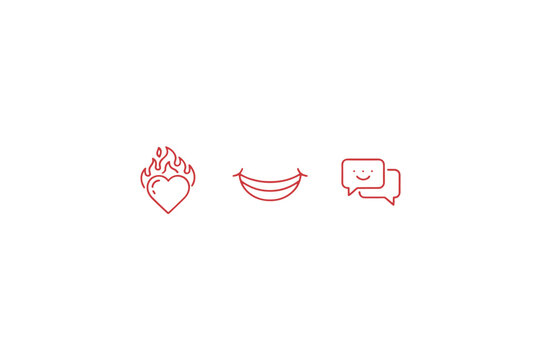 Minimalist vector icon set. Positive emotion symbols. Line art flaming heart for passion and love. Smile for happiness. Chat bubble for communication and social media feedback.