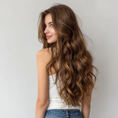 Naklejka premium A young woman with long wavy brown hair is wearing a white top and blue jeans, showing a fashionable and elegant appearance.