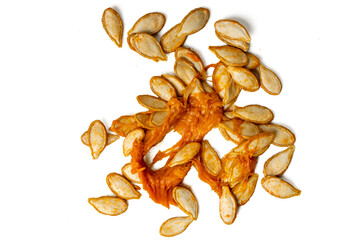 High-resolution photograph of fresh pumpkin seeds isolate on white, taken with a high-resolution 45MP camera