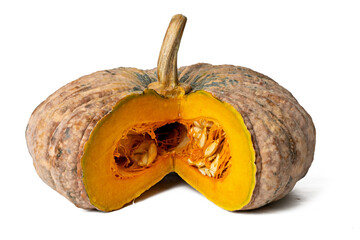 Photo of pumpkin taken with a high-resolution camera using the focus-stacking technique on a white background.