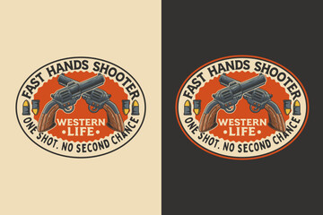 Cowboy revolver retro badge logo vector design set for wild west and outlaw themes. Western vintage emblem logo graphic. Classic gun illustration label element designs