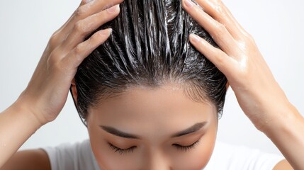 Naklejka premium A woman is washing her hair with shampoo, creating soapy bubbles, focusing on hair care and cleanliness.