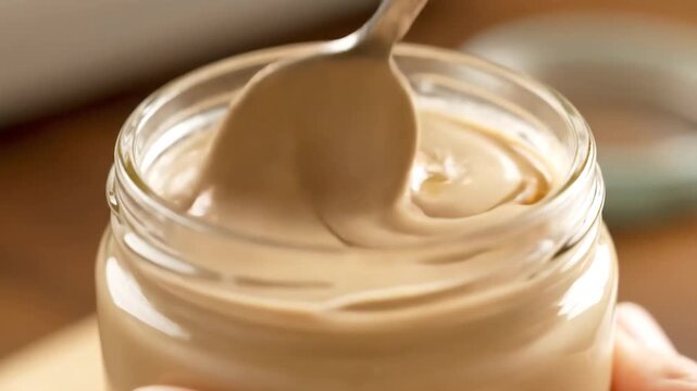 Closeup of a spoon stirring creamy tahini paste in a glass jar highlighting the smooth texture and rich color of the sesame seed butter.