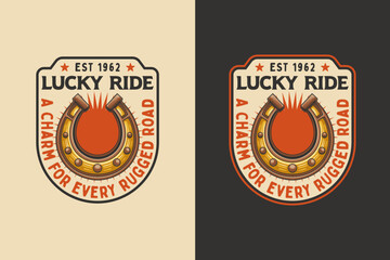 Horseshoe retro badge logo vector design set for cowboy luck and wild west themes. Vintage western emblem logo graphic. Country charm illustration label element designs