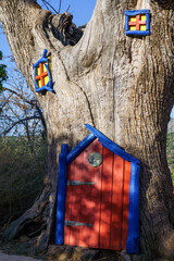 Colorful gnome home creation built into an old tree trunk, inviting fantasy and magic in parauta,malaga,spain