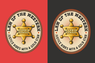 Sheriff badge retro badge logo vector design set for wild west and cowboy police themes. Western vintage emblem logo graphic. Lawman star illustration label element designs