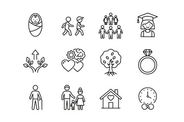 Life cycle and family relationship icons. Includes baby, children, graduation, growth, love, mental health, marriage ring, elderly, home. Vector line art illustration set.