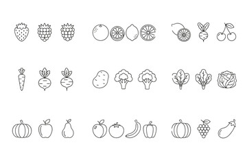 Fruit and vegetable line icon set. Big vector collection of healthy food symbols for grocery, diet, and vegan concepts. Simple outline illustration of strawberry, apple, orange, carrot.