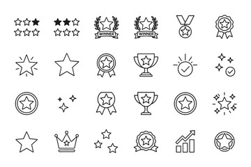 Big set of award and rating line icons. Star, medal, trophy cup, winner prize, champion crown, quality certificate concepts. Success, achievement, victory, and feedback symbols.