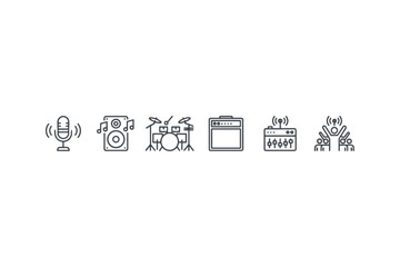 Music and concert line icon set. Live performance, rock band equipment vector symbols. Microphone, speaker, drum kit, amplifier, audio mixer and audience crowd icons.