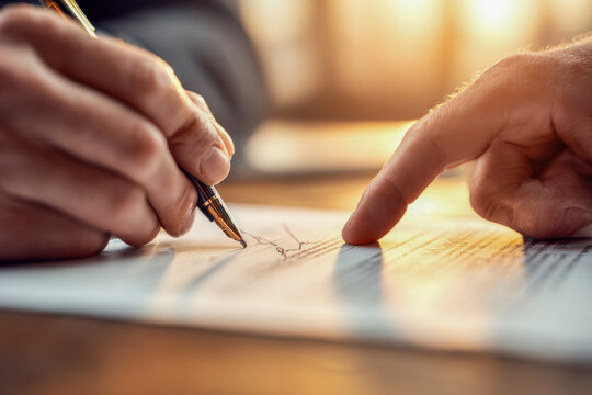 Business professional signing a document while receiving guidance from a colleague in a warm office setting with natural lighting and focus on hands - Powered by Adobe