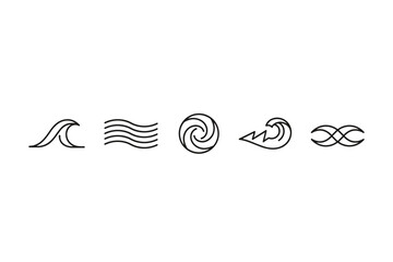 Wave and water line icon set. Collection of simple sea and ocean symbols. Abstract flow, current, surf, and storm vector elements. Minimalist whirlpool and infinity signs.