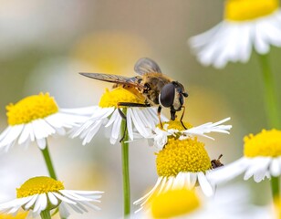 A hoverfly rests on a daisy with other similar flowers in a field, detailed close up