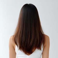 Naklejka premium Rear view shows a woman with long straight hair in a white top, highlighting her elegant hair and simple attire.