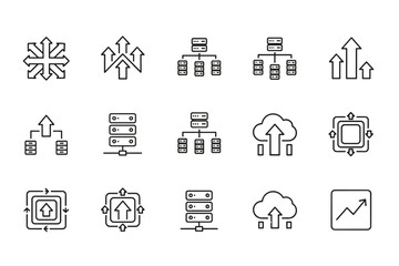 Data center and scalability thin line icons set. Server rack, cloud upload, network distribution, and growth arrows. Information technology infrastructure and deployment symbols.