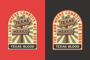 Wooden signpost retro badge logo vector design set for cowboy trail and wild west direction themes. Vintage western emblem logo graphic. Rustic sign illustration label element designs