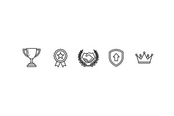 Award and success line icon set. Trophy, winner medal, partnership handshake in a laurel wreath, quality guarantee shield, and leadership crown symbols. Achievement vector pack.