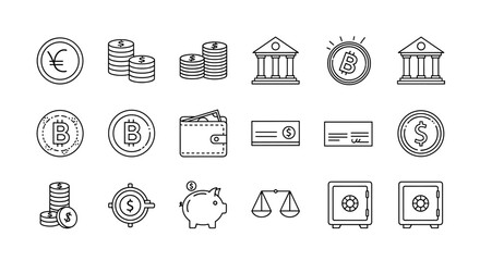 Finance and money line icon set. Vector collection of banking and business symbols. Includes bitcoin, crypto, safe, piggy bank, wallet, dollar, check, and financial elements.