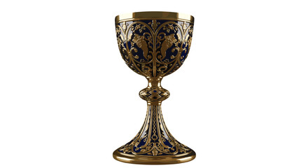 Ornate golden chalice with blue enamel. Holy Grail. Antique medieval goblet for communion or ceremony. Royal trophy cup with intricate filigree. Christianity symbol vector.