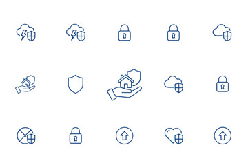 Security and protection line icon set. Concepts of data safety, cloud storage, home and health insurance. Vector symbols for privacy, cyber security, lock and shield.