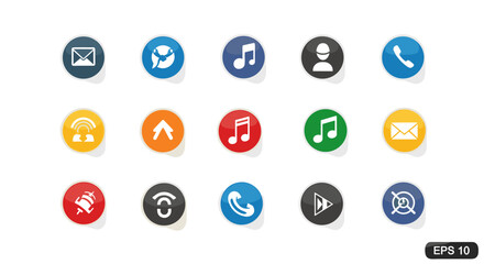 Vector sticker icon set for web and mobile user interface design. Glossy colorful circular buttons collection with symbols like mail, phone, music, user, web, and GPS.