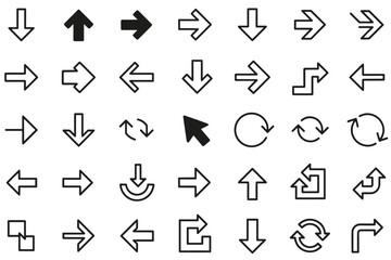 Huge collection of vector arrow icons. Set of different black pointers and cursors for web and app design. Navigation, direction, download, upload, refresh, and recycle symbols.