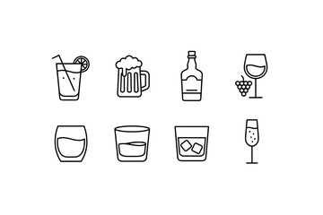 Set of drink and alcohol line icons. Beverage collection with beer, wine, cocktail, whiskey, champagne. Vector symbols for bar menu, party and restaurant. Minimalist outline.