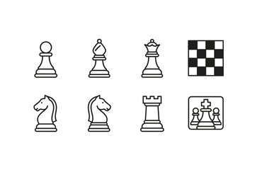 Chess game line icon set. Vector graphic collection with king, queen, bishop, knight, rook, pawn and chessboard. For strategy, business, competition, and success ideas.
