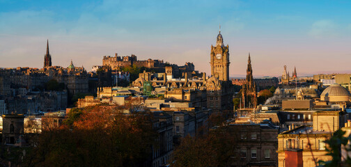 Edinburough city skyline in Scotland at sunrise