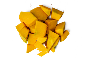 Photo of pumpkin taken with a high-resolution camera using the focus-stacking technique on a white background.