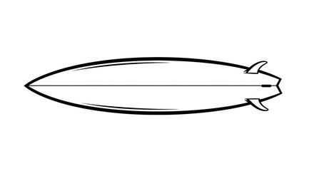 A sleek, streamlined outline of a surfboard, drawn in bold black lines on a white backdrop