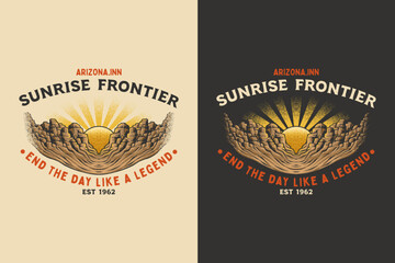 Sunrise on arizona retro badge logo vector design set for outdoor lovers. Vintage western emblem logo graphic. Adventure illustration label element designs