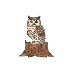 Majestic owl perched on a weathered tree stump in detailed rendering wildlife art vector
